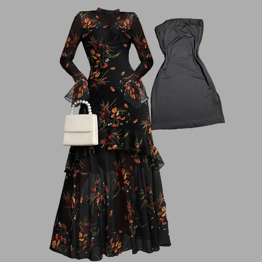 Women's Floral Dress Set With Suspenders