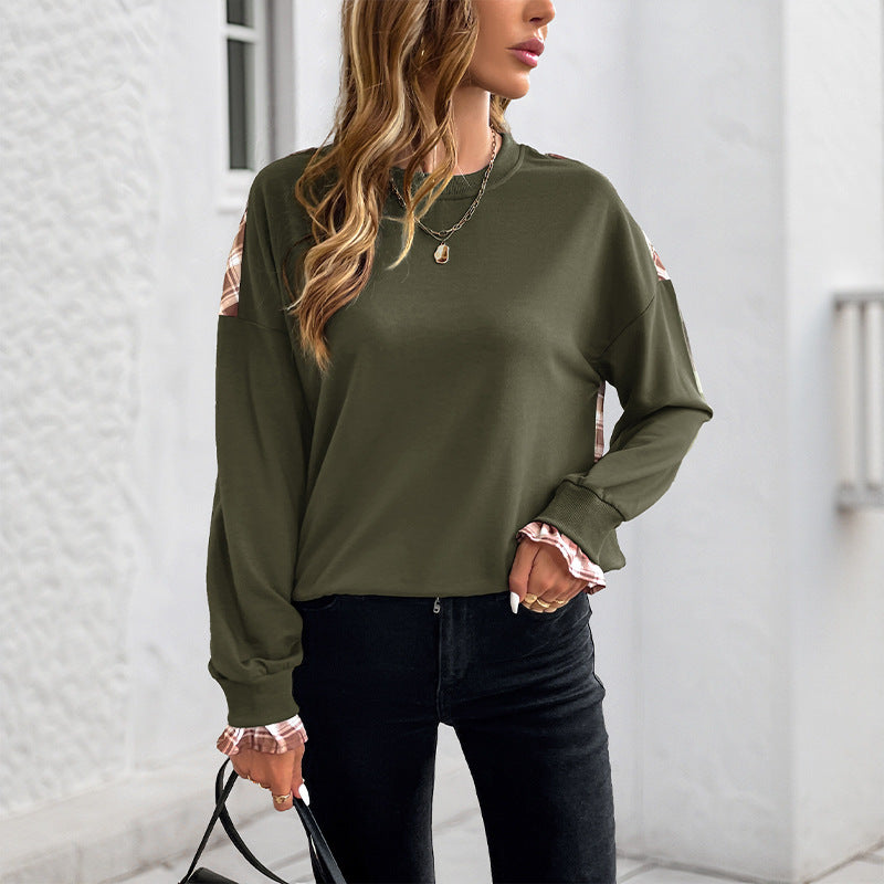 Women's Thin Plaid Stitching Crew Neck Pullover Sweatshirt
