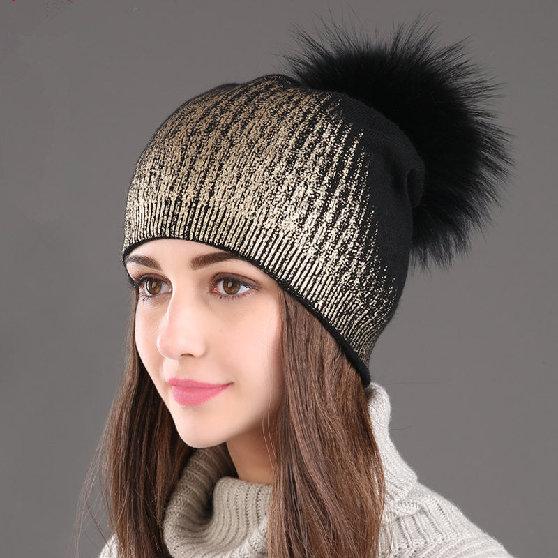 Warm Wool Knitted Hat Women's Hot Gold And Silver Color Women