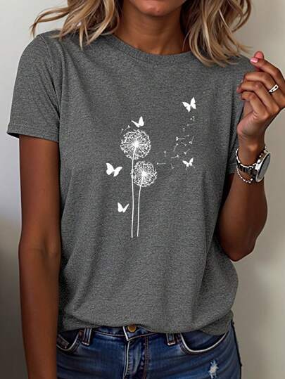 Dandelion Butterfly Pattern Round Neck Short Sleeve