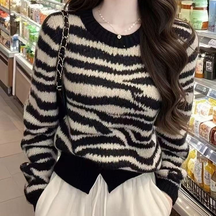Retro Flot Sort Zebra-print Rundhalset Langærmet Sweater