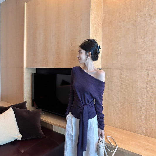 Women's Shoulder Waist Trimming Knitted Long Sleeve