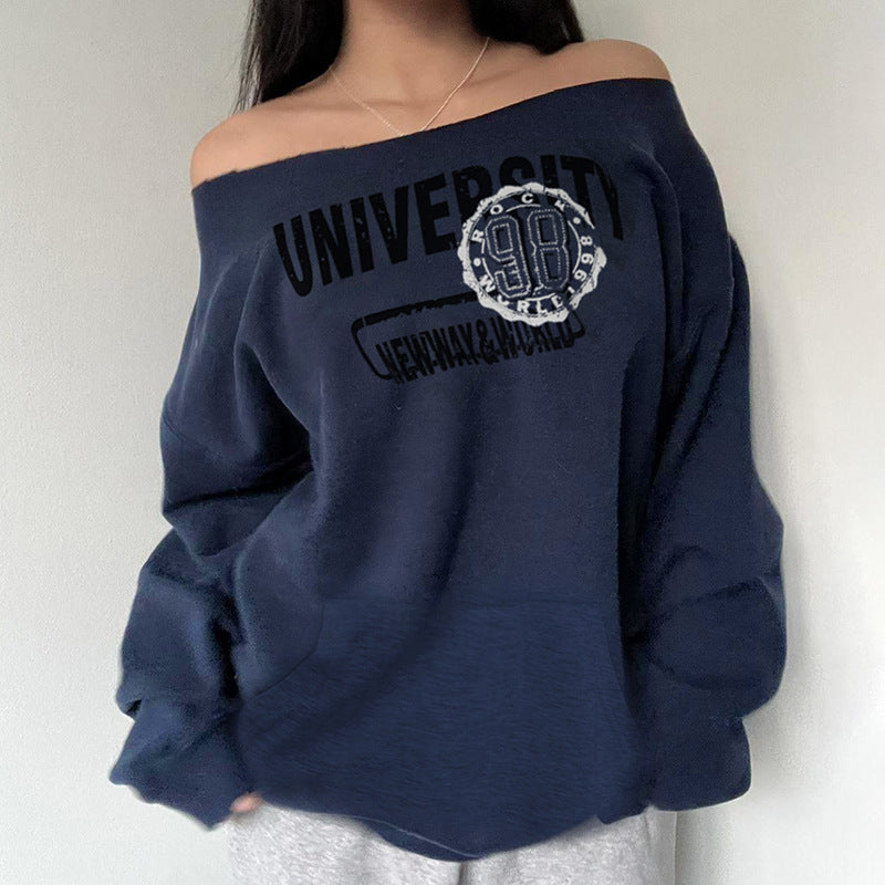 Europæisk og amerikansk stil gade afslappet løs off-shoulder printet sweater