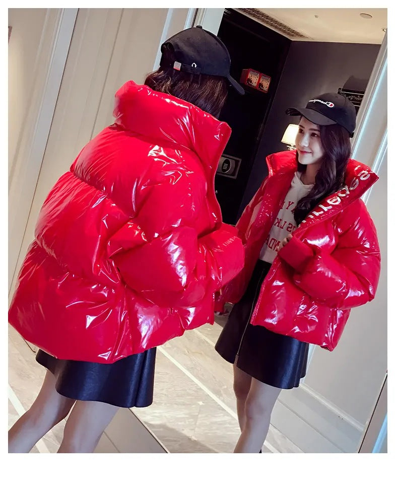 Women's Loose And Short Bright Leather Disposable Cotton Coat
