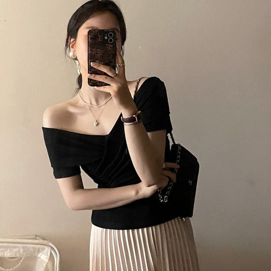 Ny Hong Kong-stil retro off-shoulder kortærmet T-shirt