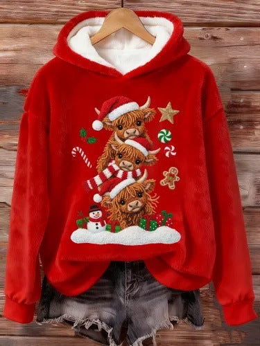 Womens Flannel Christmas Crew-Neck Long-Sleeve Top