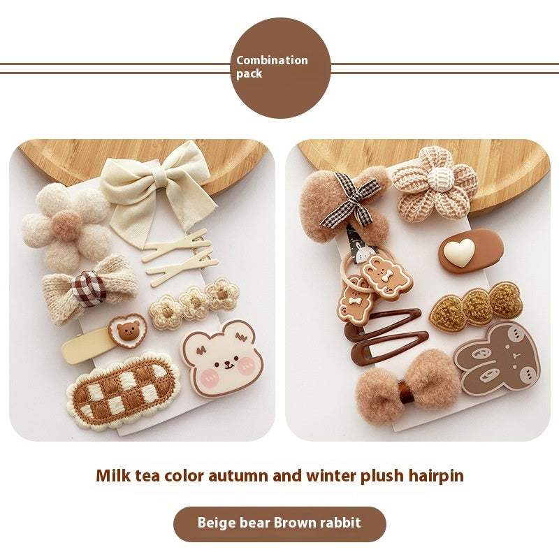 Korean Style All-match Milk Tea Color Autumn And Winter Plush Cute Flowers Barrettes Brown Bow Girl's Heart Hairpin