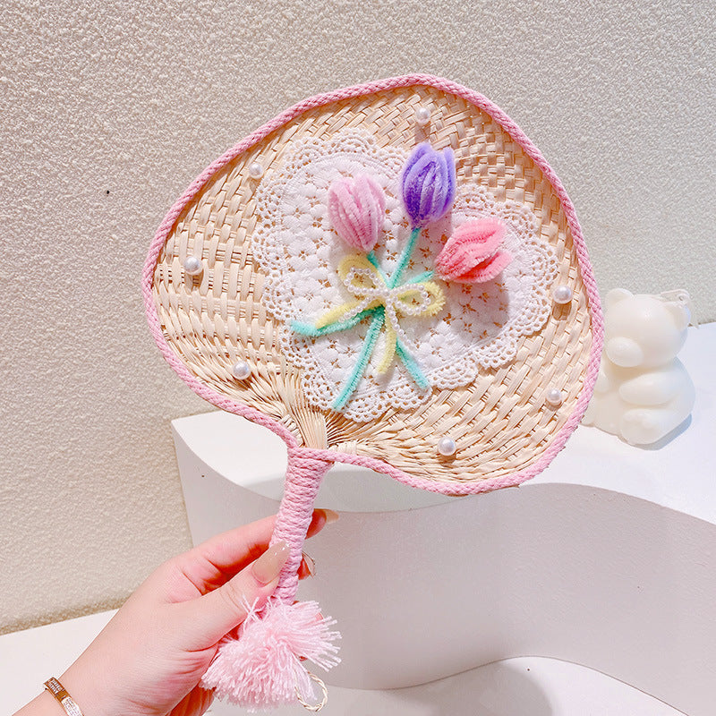 Sweet Flowers Lace Love Woven Handbag Pearl Handheld Fan