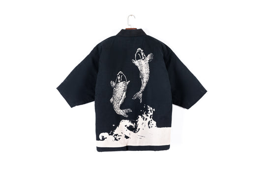 Japanese Traditional Koi Print Kimono Cardigan Thick Cotton Jacket Coat Outerwear Yukata Home Clothes Men Loose Pajamas