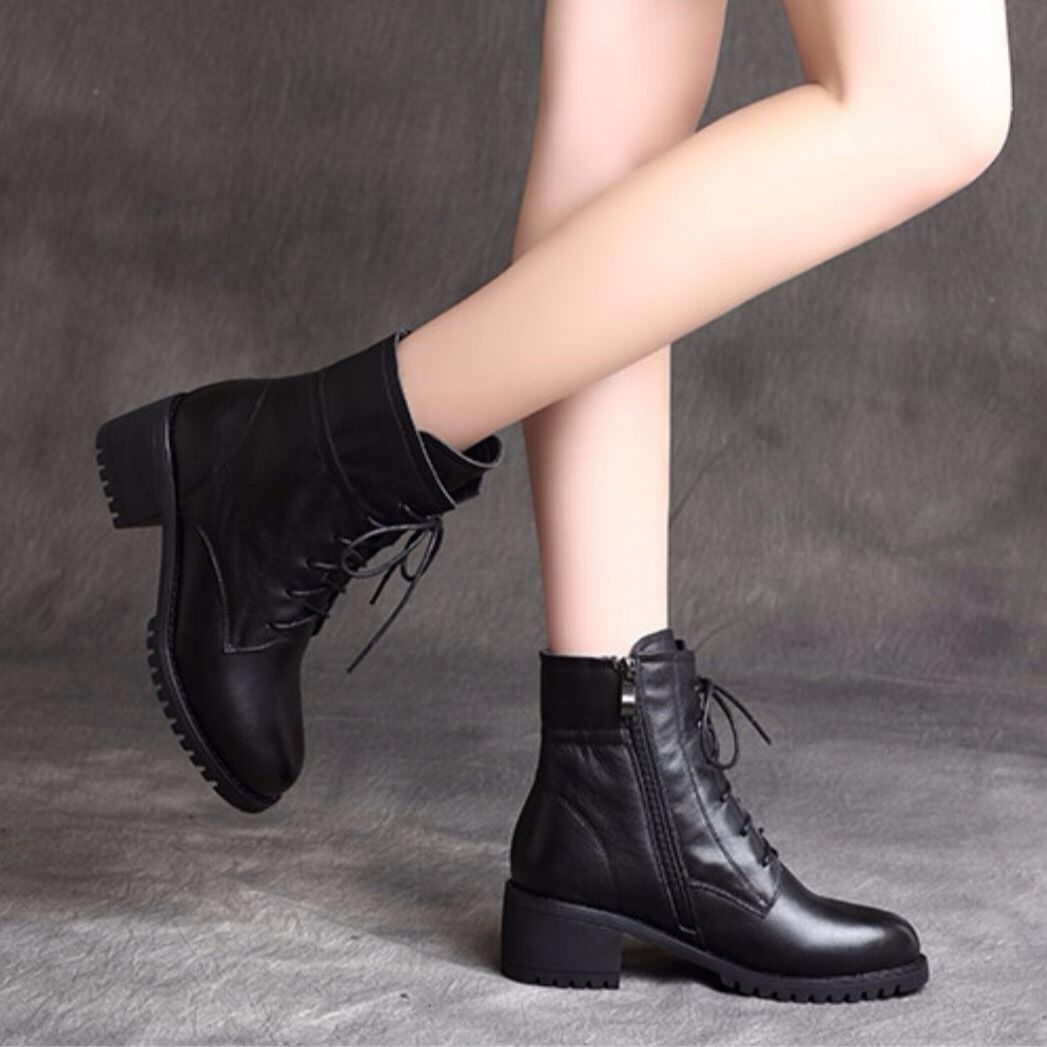 Soft Leather And Velvet British Style Thick Heel Short Boots All-match