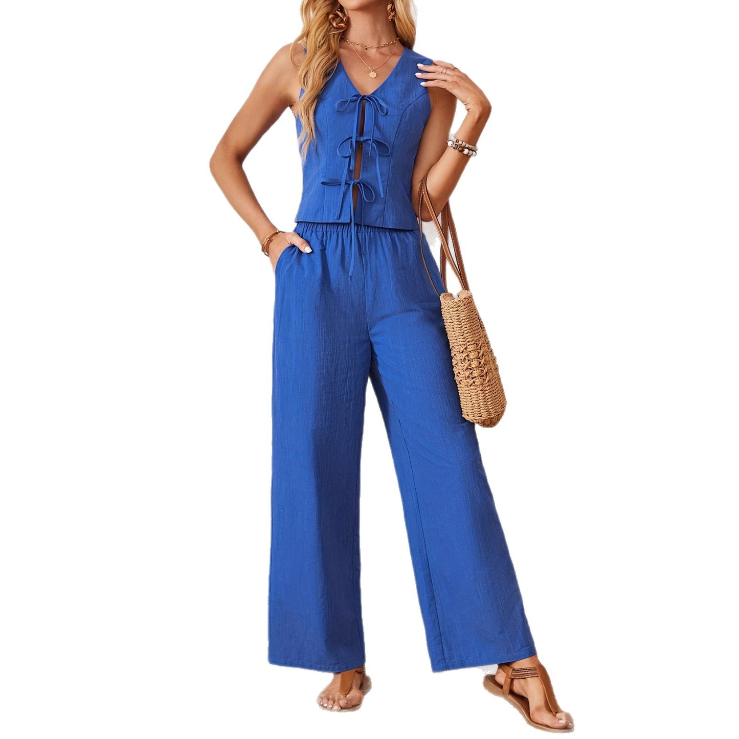 New Cotton Cardigan Tie-front Vest And Pants Two-piece Set