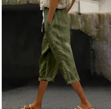 Casual Patchwork Button Cropped Pants For Women