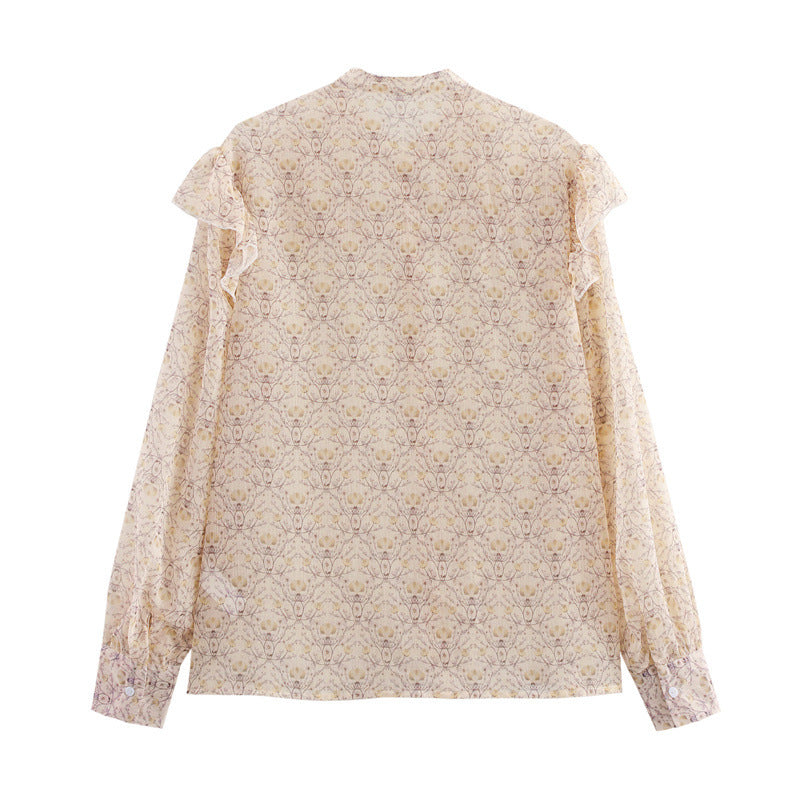European And American Style Fashionable Simple Tulle Printed Long Sleeve Shirt