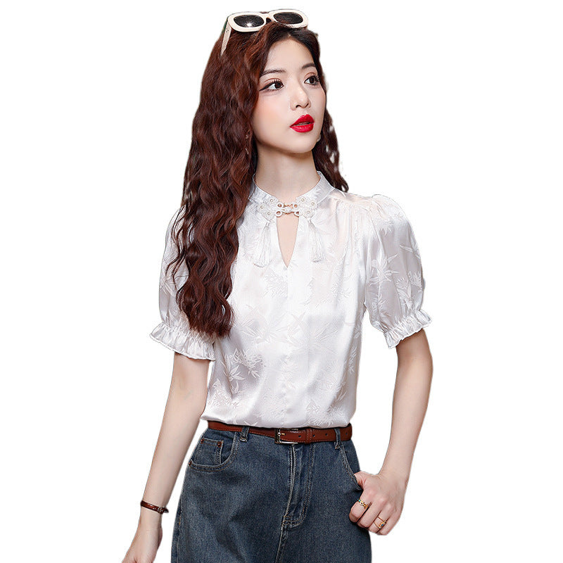 Real Shot New Chinese Style Retro National Style Buckle Jacquard Shirt For Women