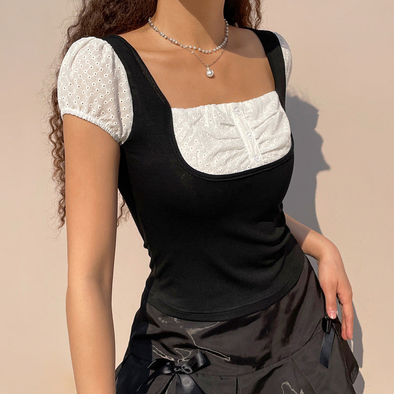 Fake Two Black And White Contrasting Temperament Square Neck Short Sleeves