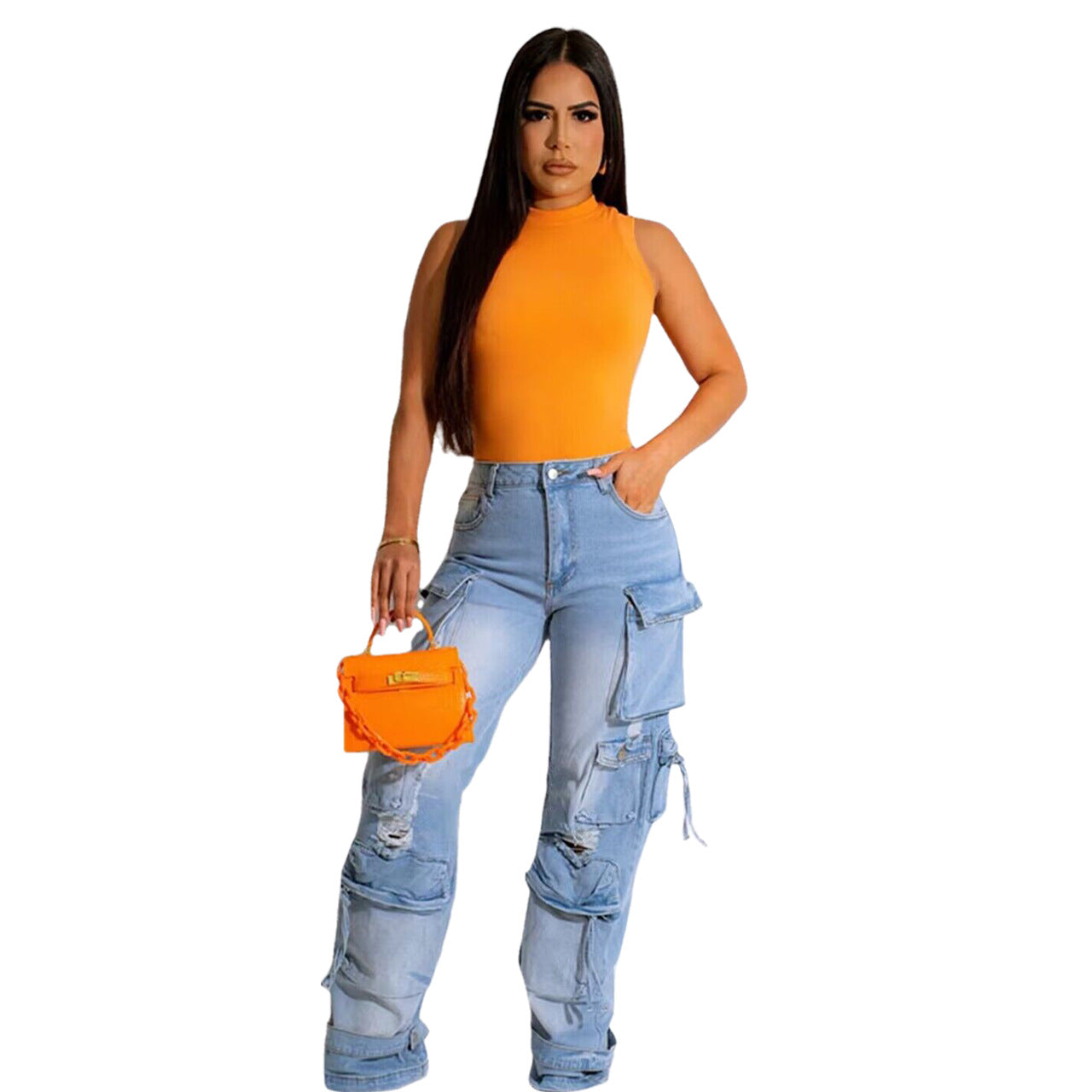 Ladies New Denim Stereo Multi-pocket Trousers