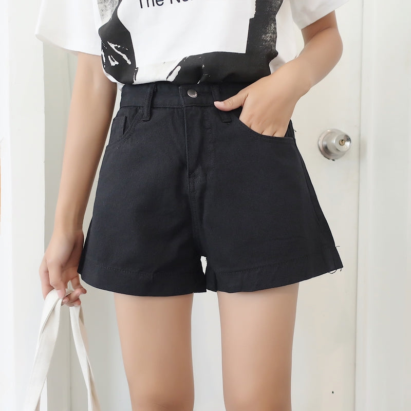 Simple Flanging High Waist Slim Straight Denim Shorts