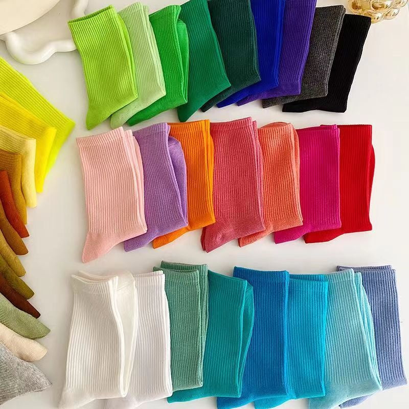 Macaron Colorful Mid-calf Length Couple Combed Cotton Processing Socks