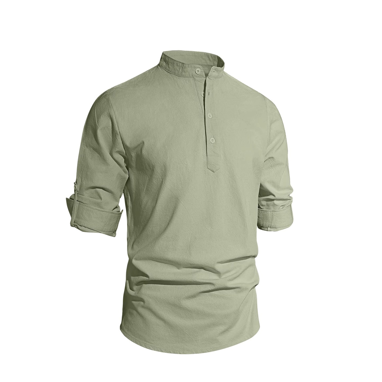 Men's Solid Color Stand Collar Long Sleeve Cotton-Linen Shirt