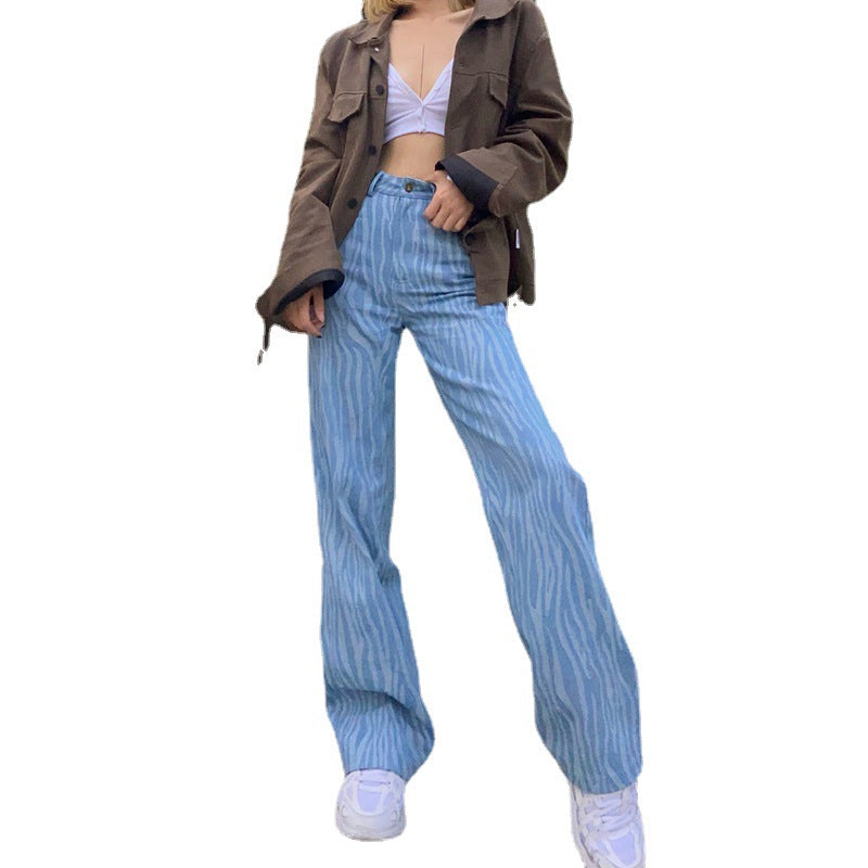 Retro Distressed Tie-dye Dark Blue Jeans High Waist Slim Slimming