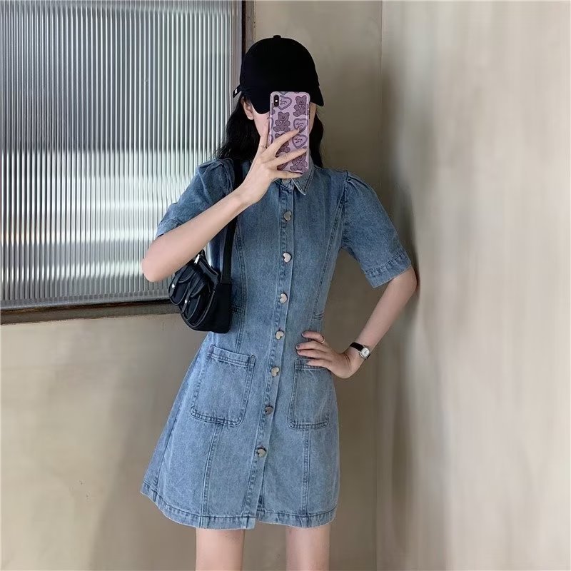 Cleverly Designed Cropped Denim Dress With A Midriff-baring Cut