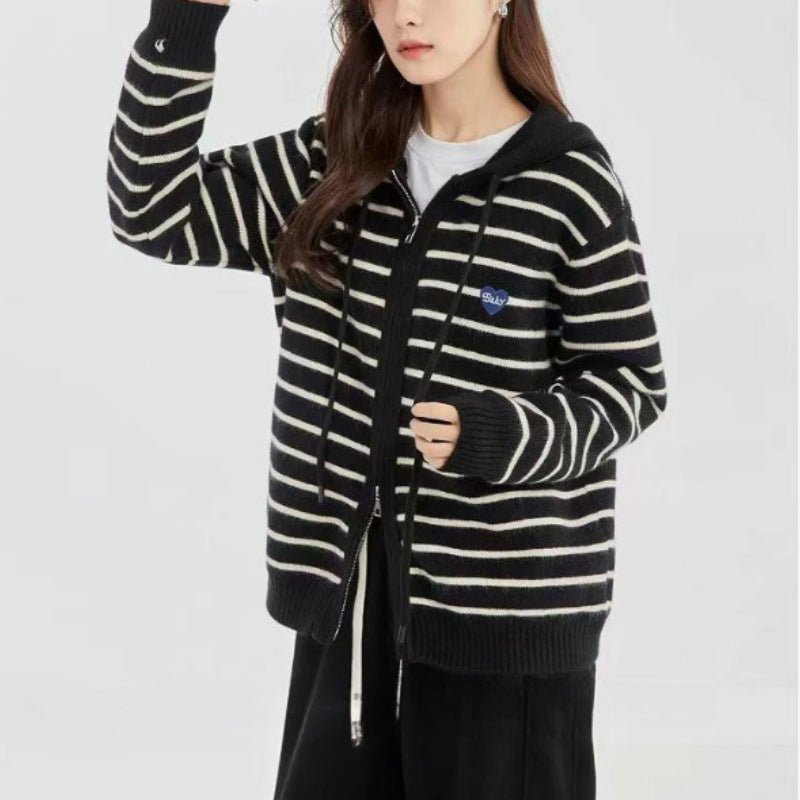 Loose Sports And Leisure Gray Hooded Knit Cardigan Coat For Women