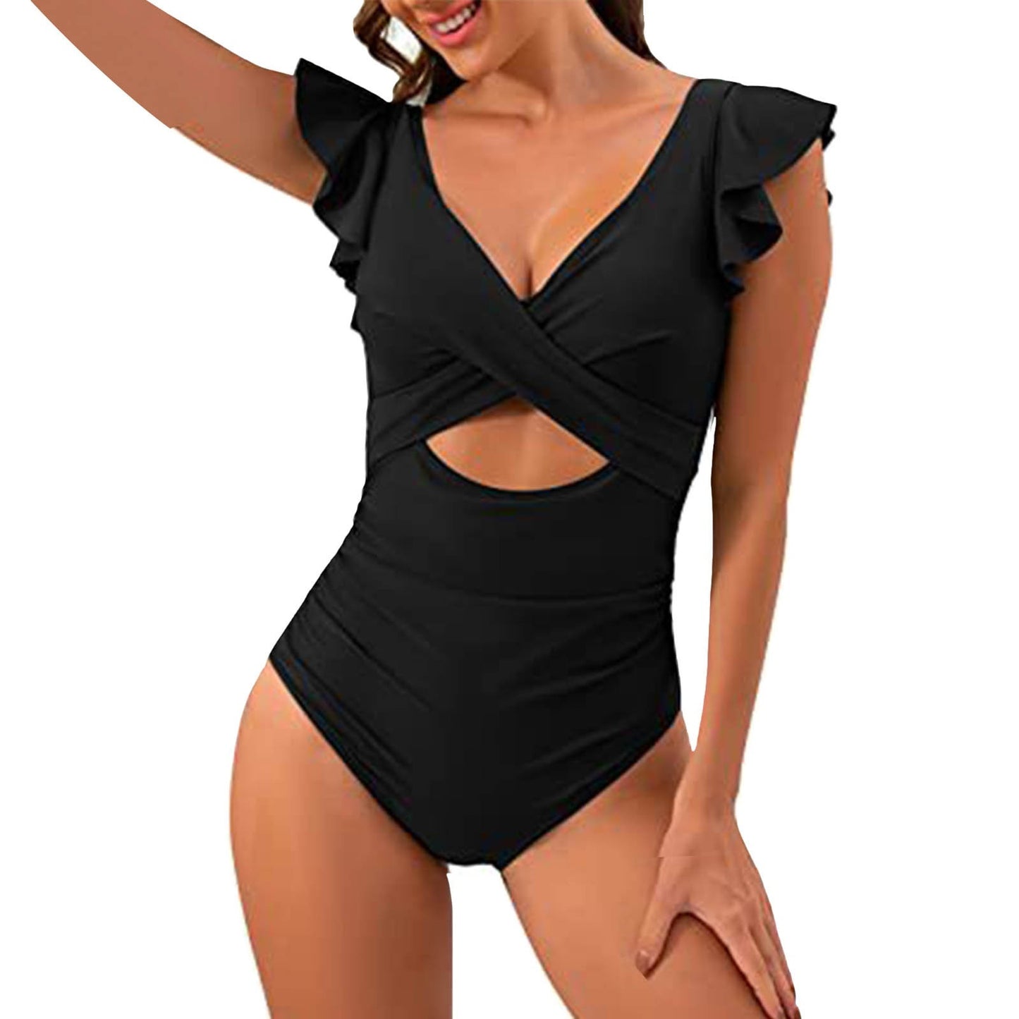 Color Contrast Patchwork Flounce Covered Belly Swimsuit