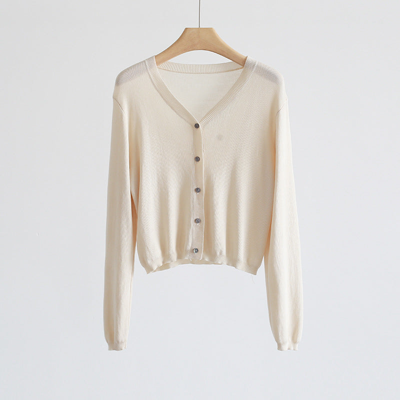 Spring And Summer V-neck Short Tencel Knitted Cardigan Pure Color All-matching