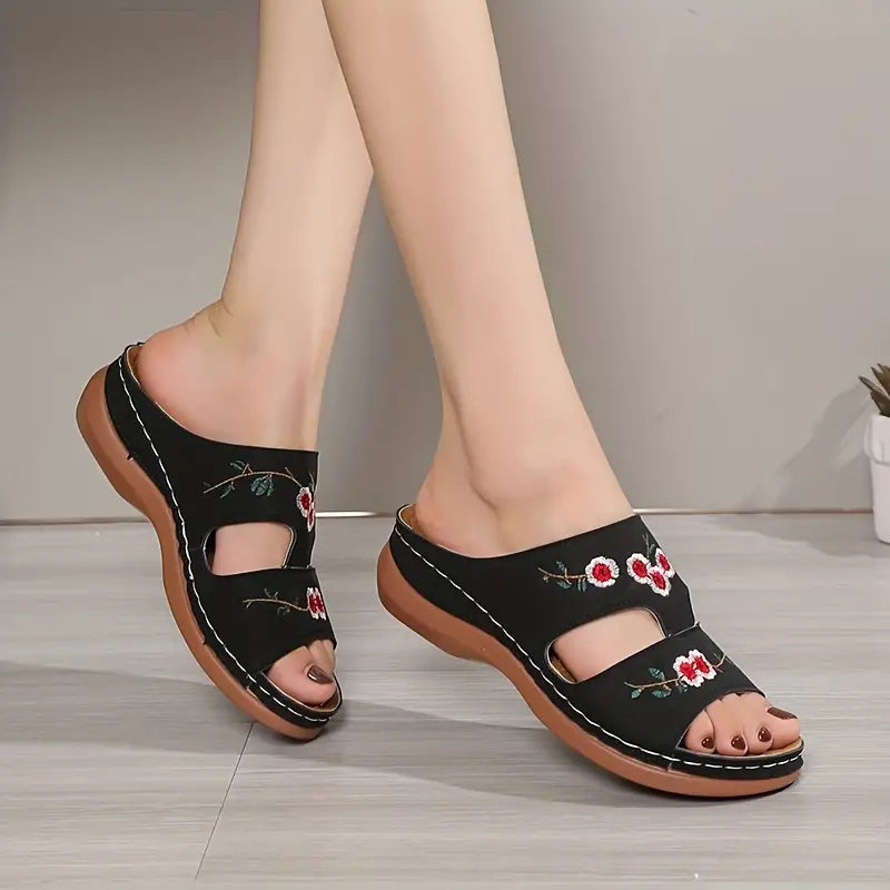 Women'S Plus Size Flower Open-Toe T-Shaped Wedge Sandals And Slippers