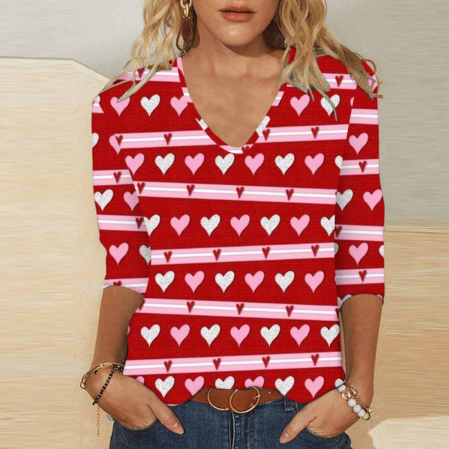 3D digitaltryk Valentinsdag Hjerteprint Kvinders søde afslappede løse V-hals 3/4-ærmet T-shirt