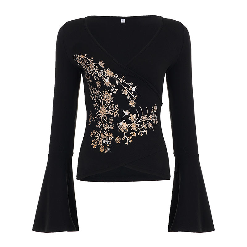 Womens Retro American-Style Printed V-Neck Flare-Sleeve Shirt