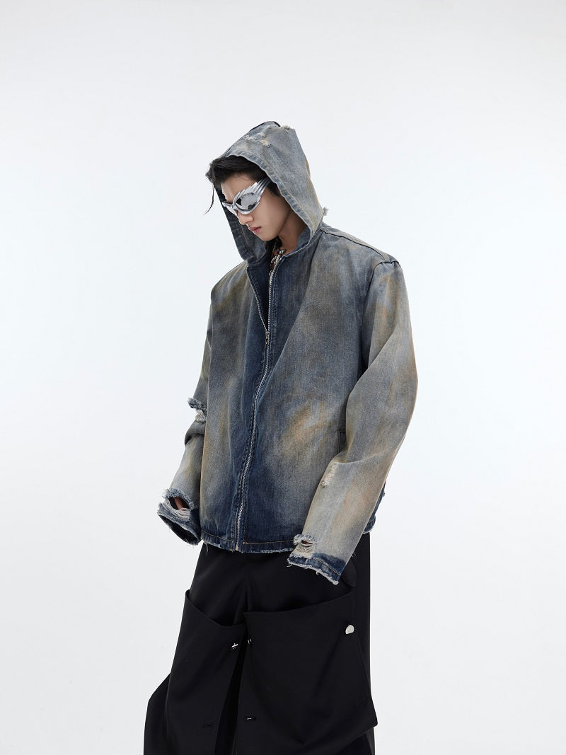 Design Sense Padded Shoulder Heavy Retro Distressed Hooded Denim Jacket