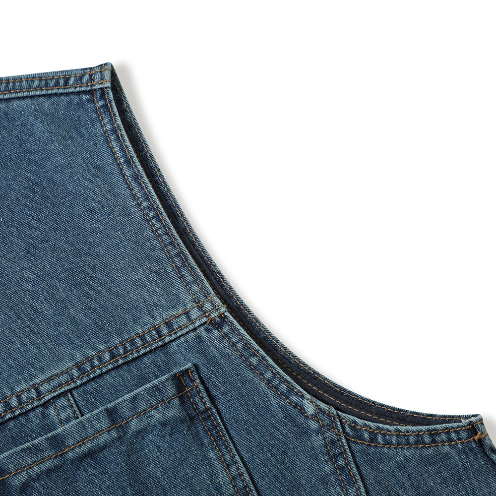 Denim Vest Man Loose All-match Casual Waistcoat Pocket Deconstruction Stitching Topstitching Waistcoat