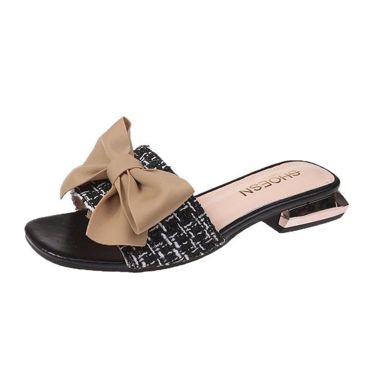 Fish Tip Bow Slippers Ladies' Thick Heel Toe
