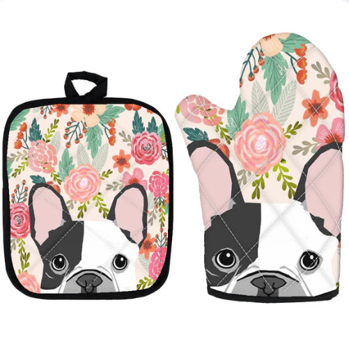 Cute Pug Print Insulated Oven Mitt And Trivet Set 2 Pieces