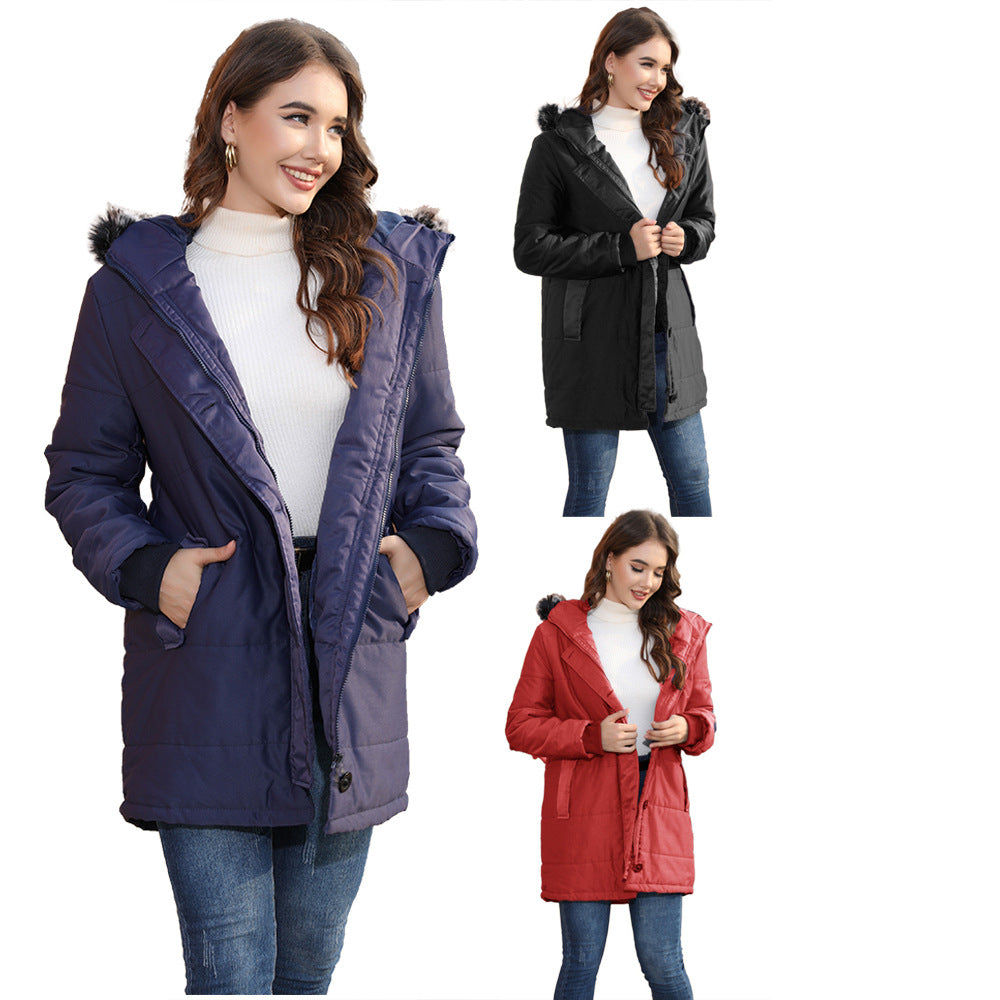 Women's Large Size Hooded Warm Slim-fit Mid-length Coat