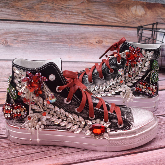 Beaded Three-dimensional Flower Color Matching Western Style High-top Canvas Women's Shoes