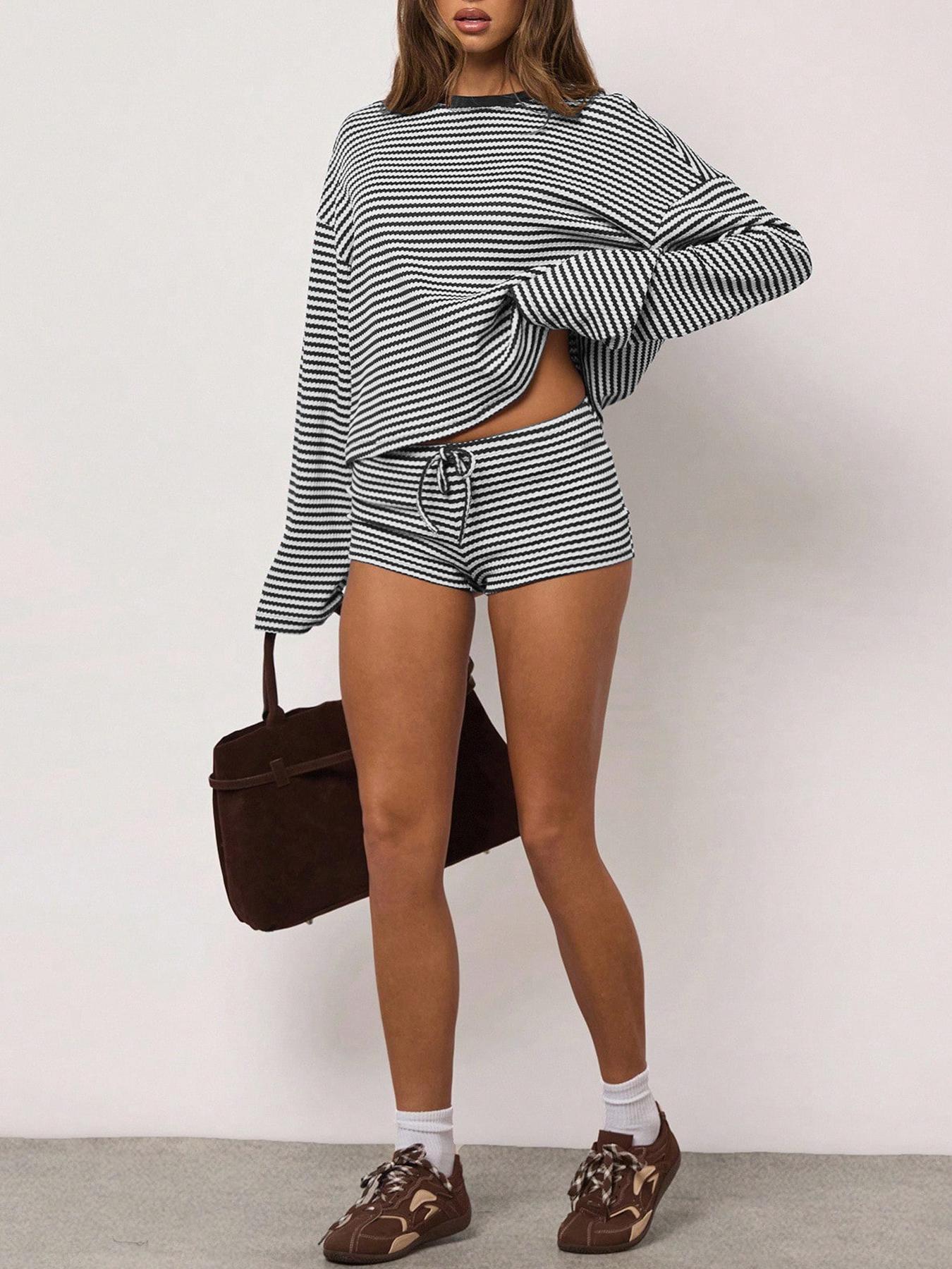 Casual Sporty Loose-fitting Striped Long-sleeve Top And Drawstring Shorts