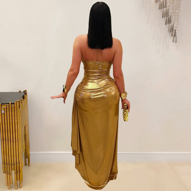 Chic And Elegant Pleated Off-shoulder Dress With A Gold Chain Neck Strap