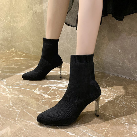 Pointed Socks Boots High Heels Elastic Boots Flat Heel Wool