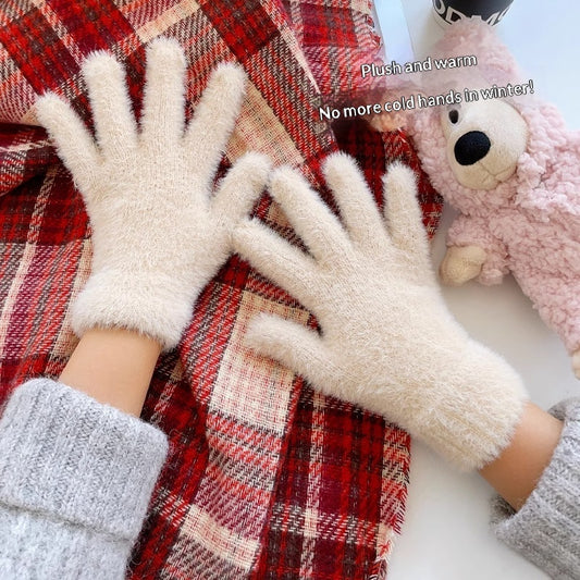 Winter Thickened Simulated Rabbit Fur Gloves Warm Mink Fur Riding Plain Five-finger Outdoor Skiing Cold-proof Gloves