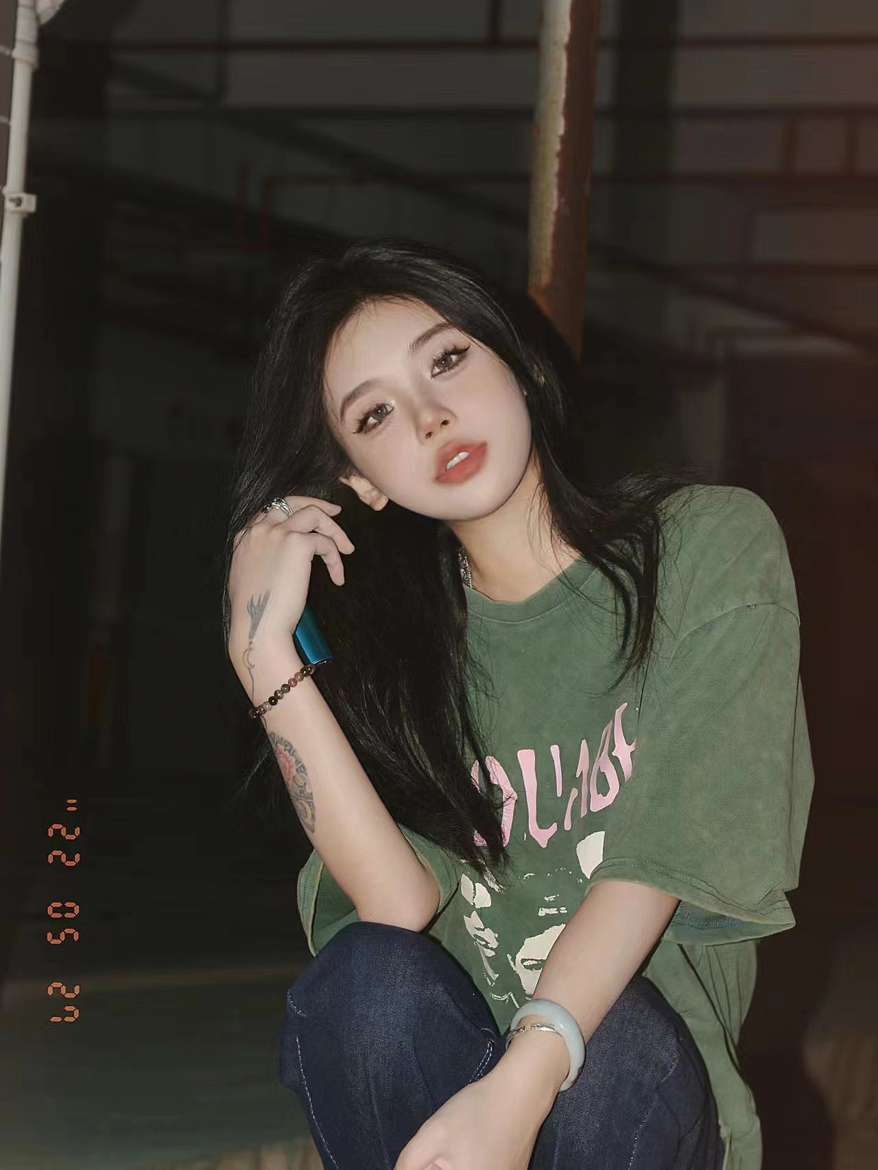 Women's Vintage Washed Old Green Cotton Short Sleeves