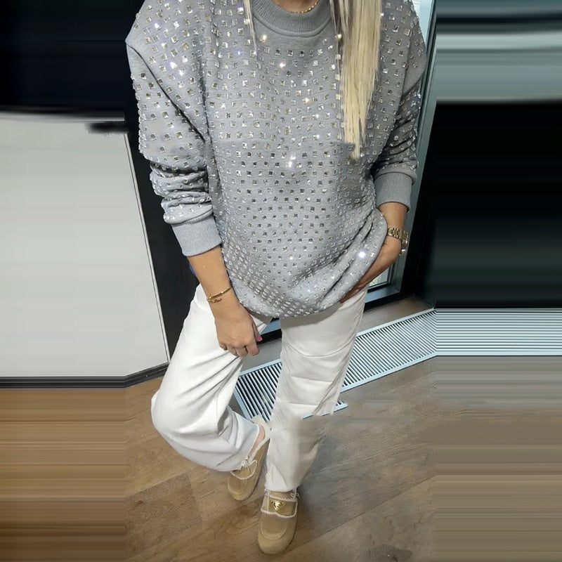 Loose-fitting Long-sleeve Top With Rhinestone Detailing