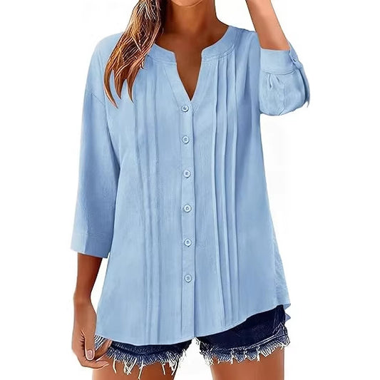 Pleated Casual Solid-Color Loose Cotton-Linen Shirt