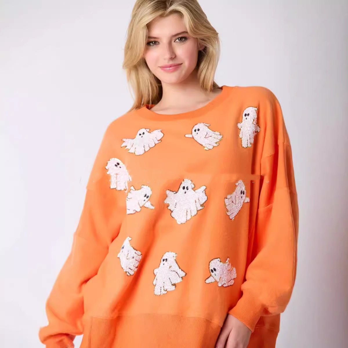 Dame Halloween Spøgelse Paillet Top Afslappet Løs Sweatshirt