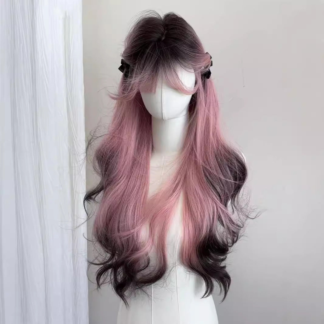 Female Gradient Black High Layered Simulation Long Curly Hair Full-head Wig