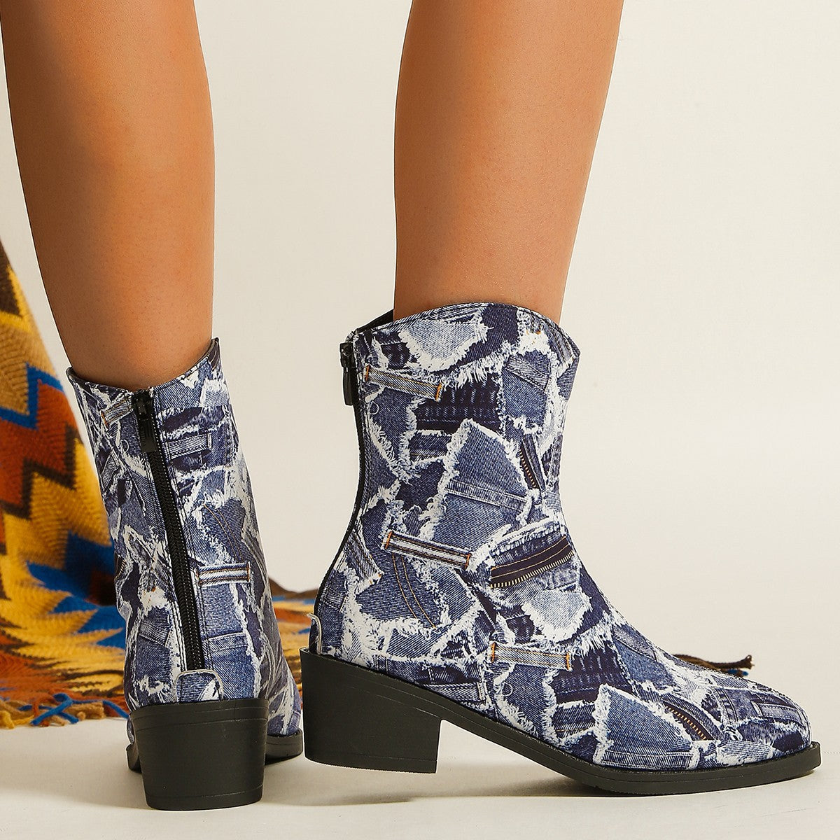 Patchwork Denim Boots Fashion Autumn And Winter Outerwear Round Toe Square Heel Shoes With Back Zipper Casual Cowboy Boots