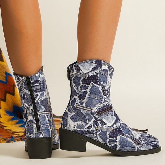 Patchwork Denim Boots Fashion Autumn And Winter Outerwear Round Toe Square Heel Shoes With Back Zipper Casual Cowboy Boots