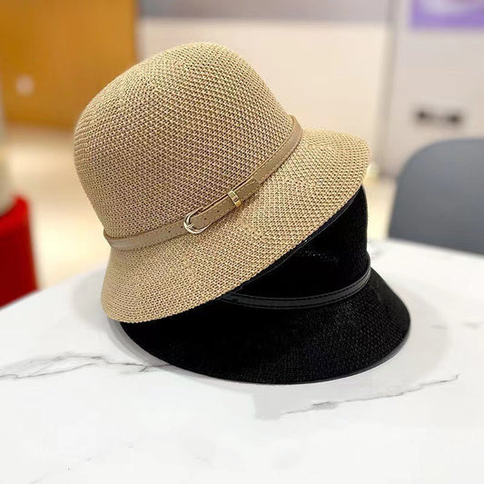Western Style Leather Buckle Bucket Hat Foldable