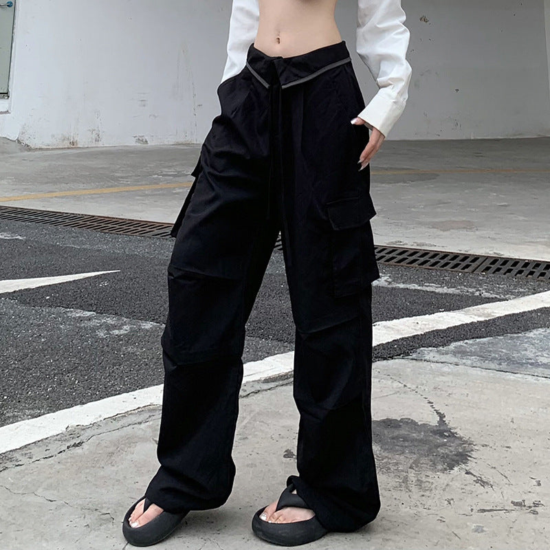 Flanging Waist Head Design Black Casual Working Pants